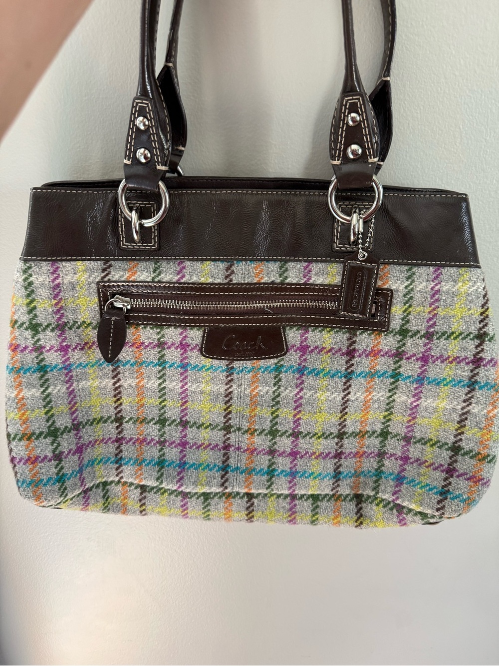 Coach Multicolor Plaid Tote with Brown Leather Trim
